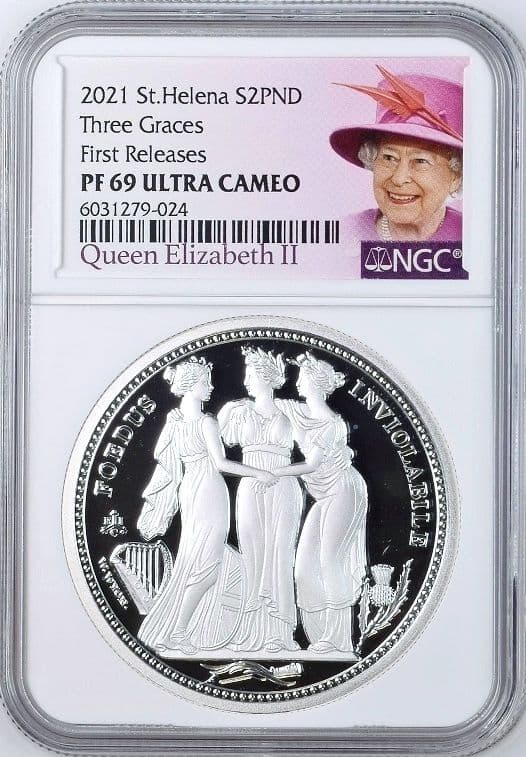 2021年 セントヘレナ スリーグレイセス 2オンス 銀貨 NGC PF69UC
