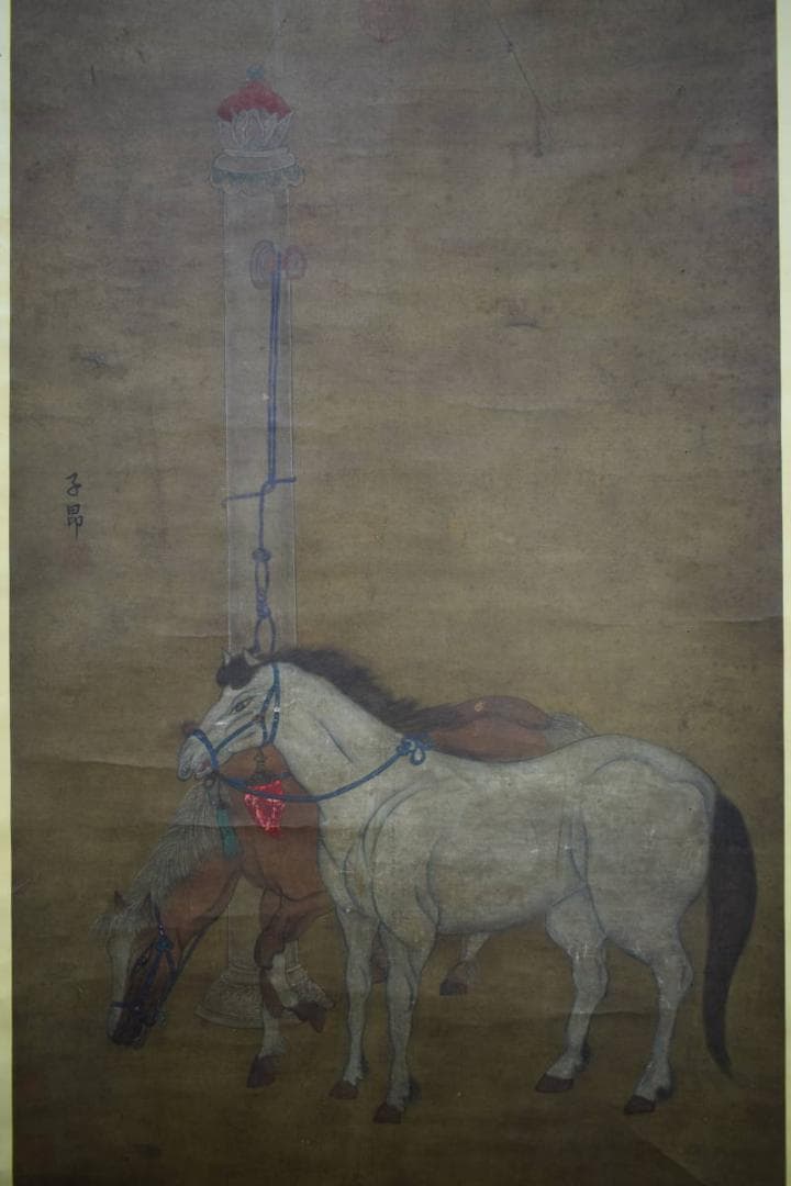 真作/子昴/馬図/中国画？/大幅/布袋屋掛軸HJ-928