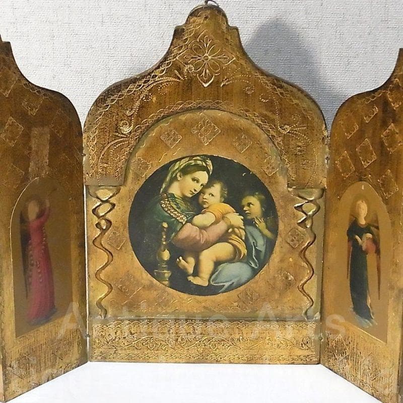 イタリア アンティーク ラファエロ・サンティ『小椅子の聖母』３枚続きの祭壇画
