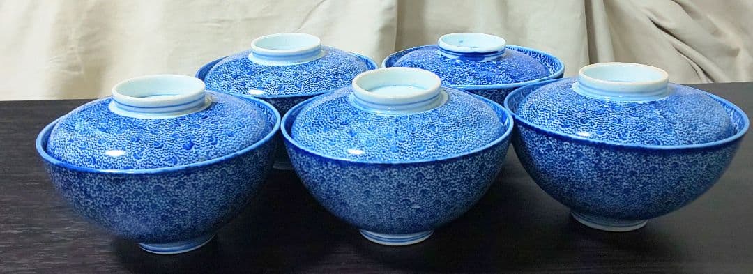 伊万里焼 明治時代 染付 微塵唐草 松竹梅 蓋付茶碗 ５客セット