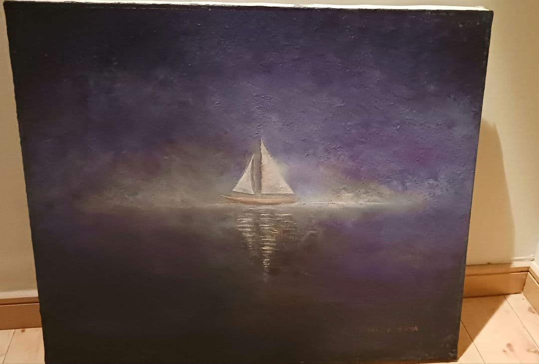油彩画 帆船の風景　額縁なし