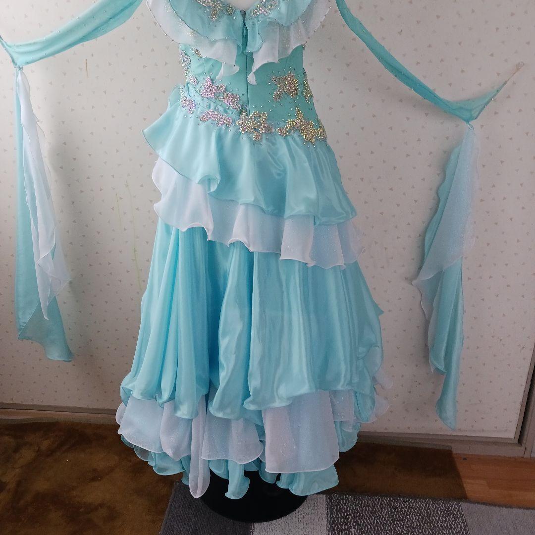 水色オフショルダー社交ダンスドレス