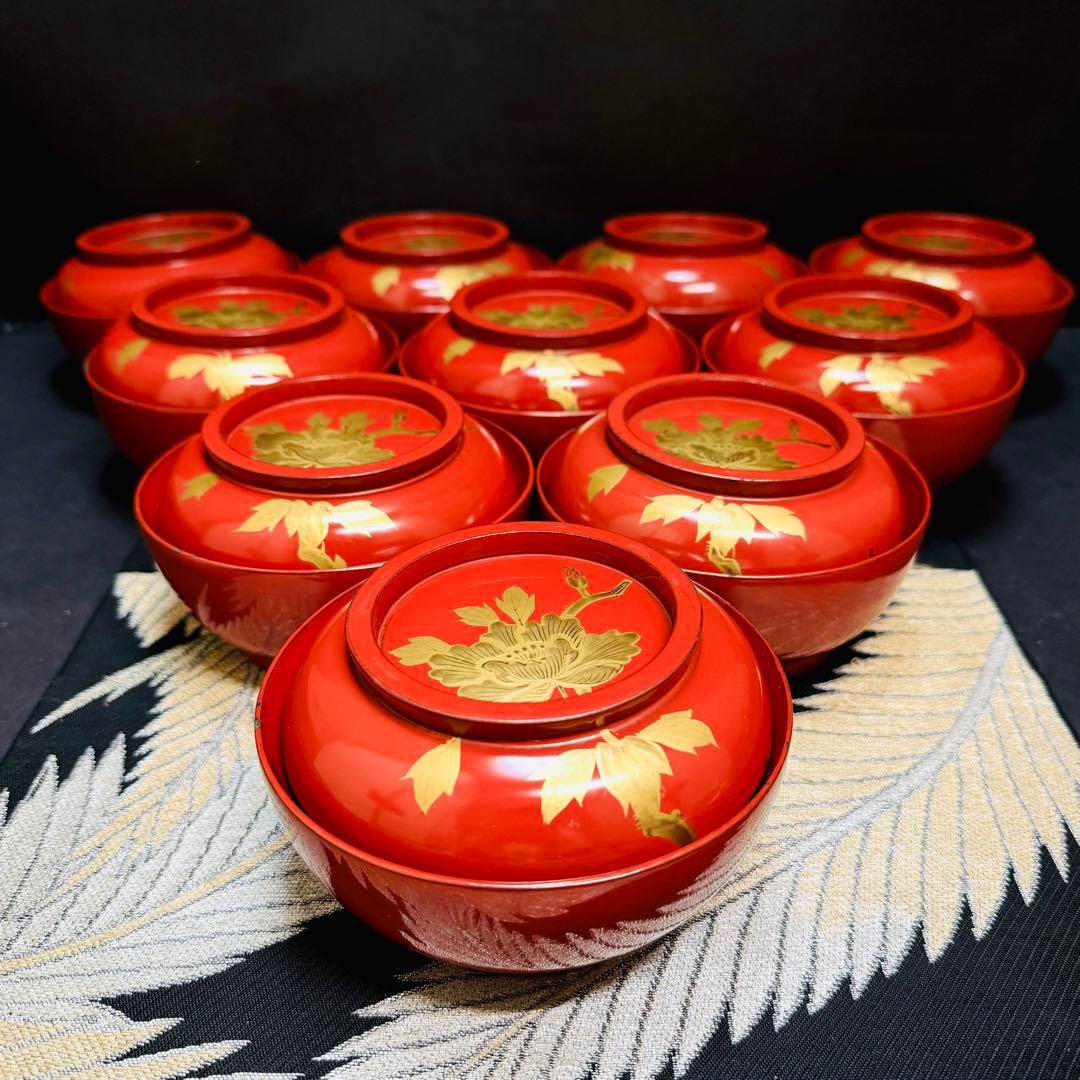 漆器　輪島塗　木製　蒔絵　溜塗　蓋付椀　吸物椀　汁椀　10客　時代物