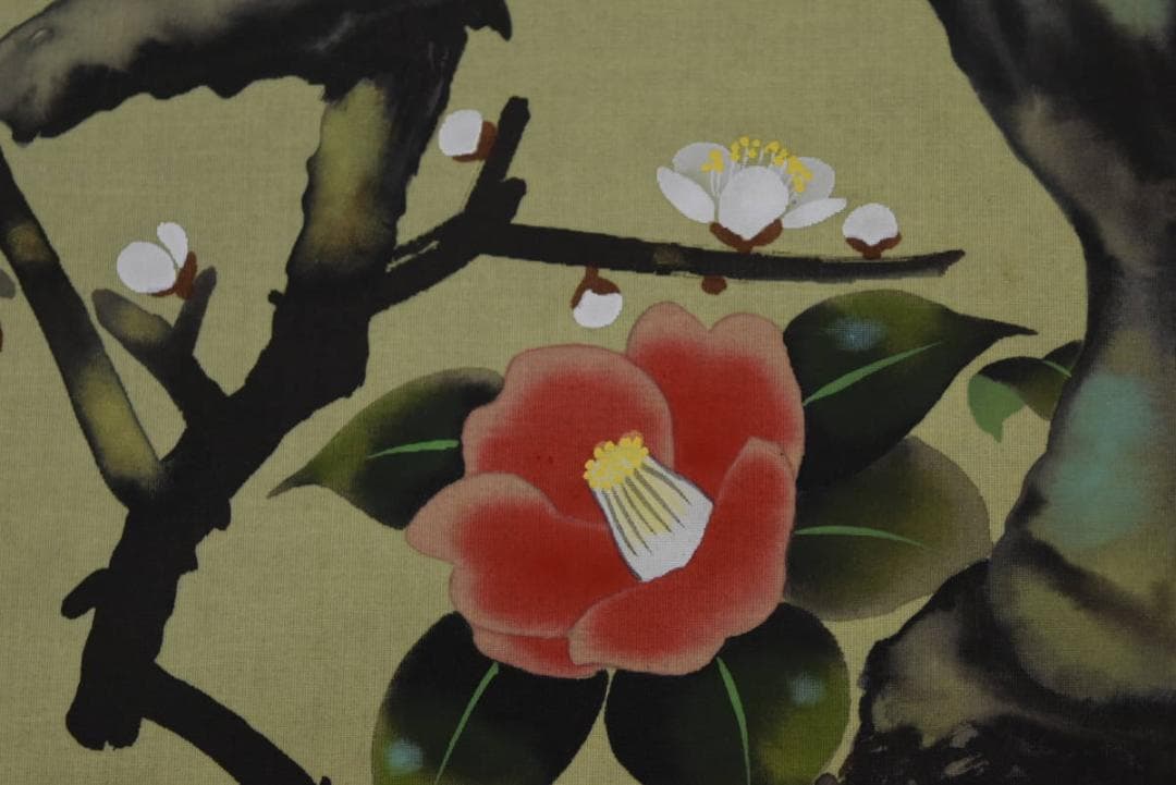 真作/紅葉/梅花椿之図//掛軸☆宝船☆Z-902