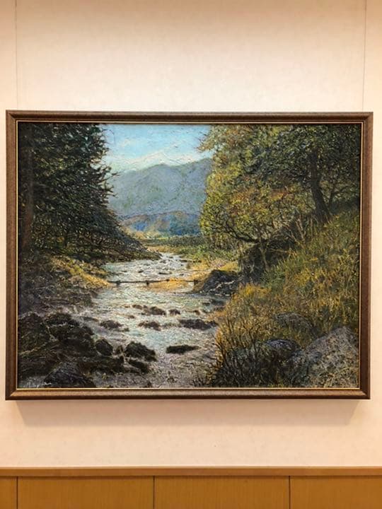 油彩画　題名「丸木橋のある風景」