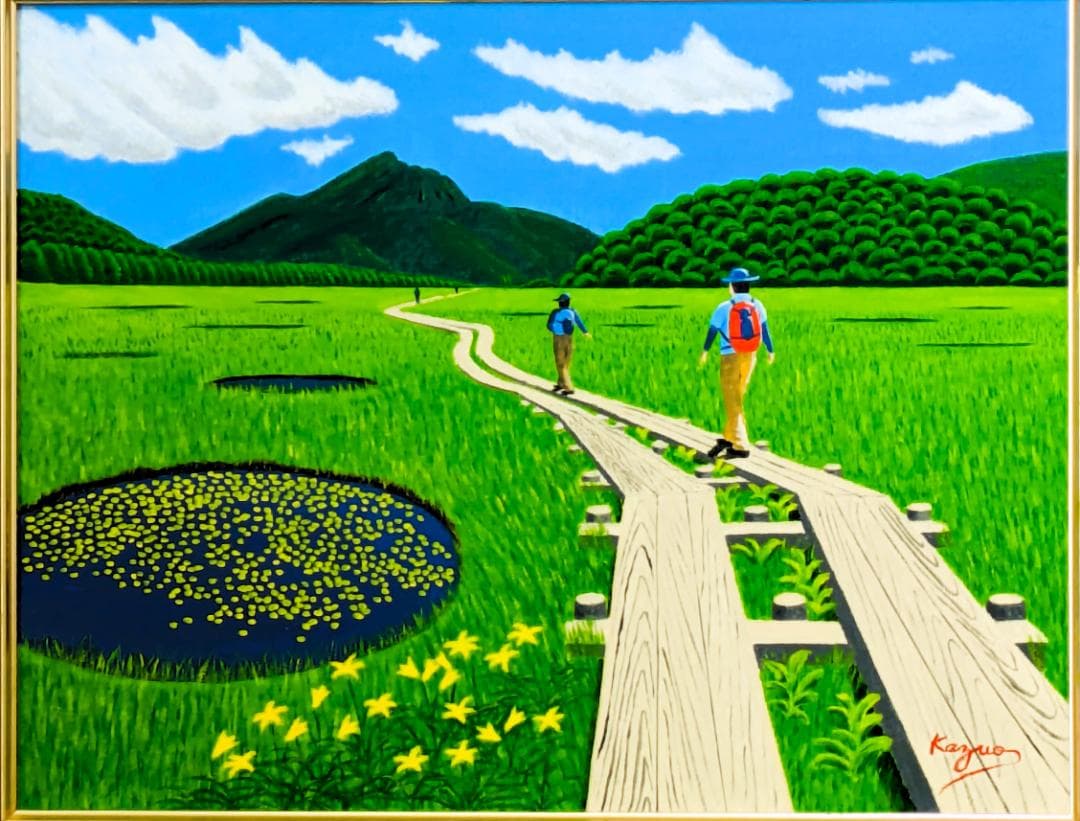 ★尾瀬の木道・肉筆油彩画・F6キャンバス