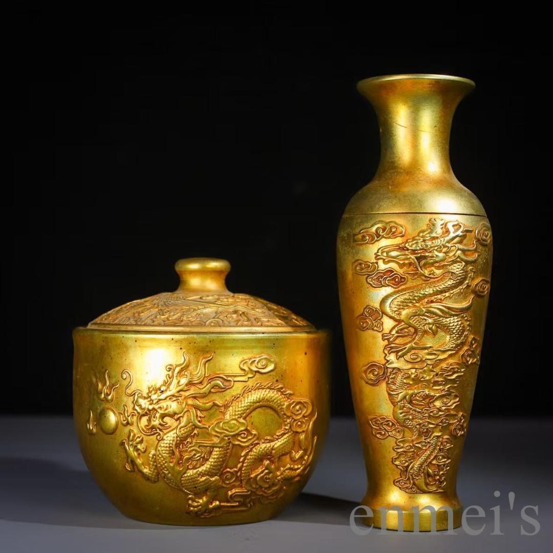 中国古美術 龍鳳文彫刻壺と容器セット 共箱 描金 純銅製 花瓶揃 供養用 置物