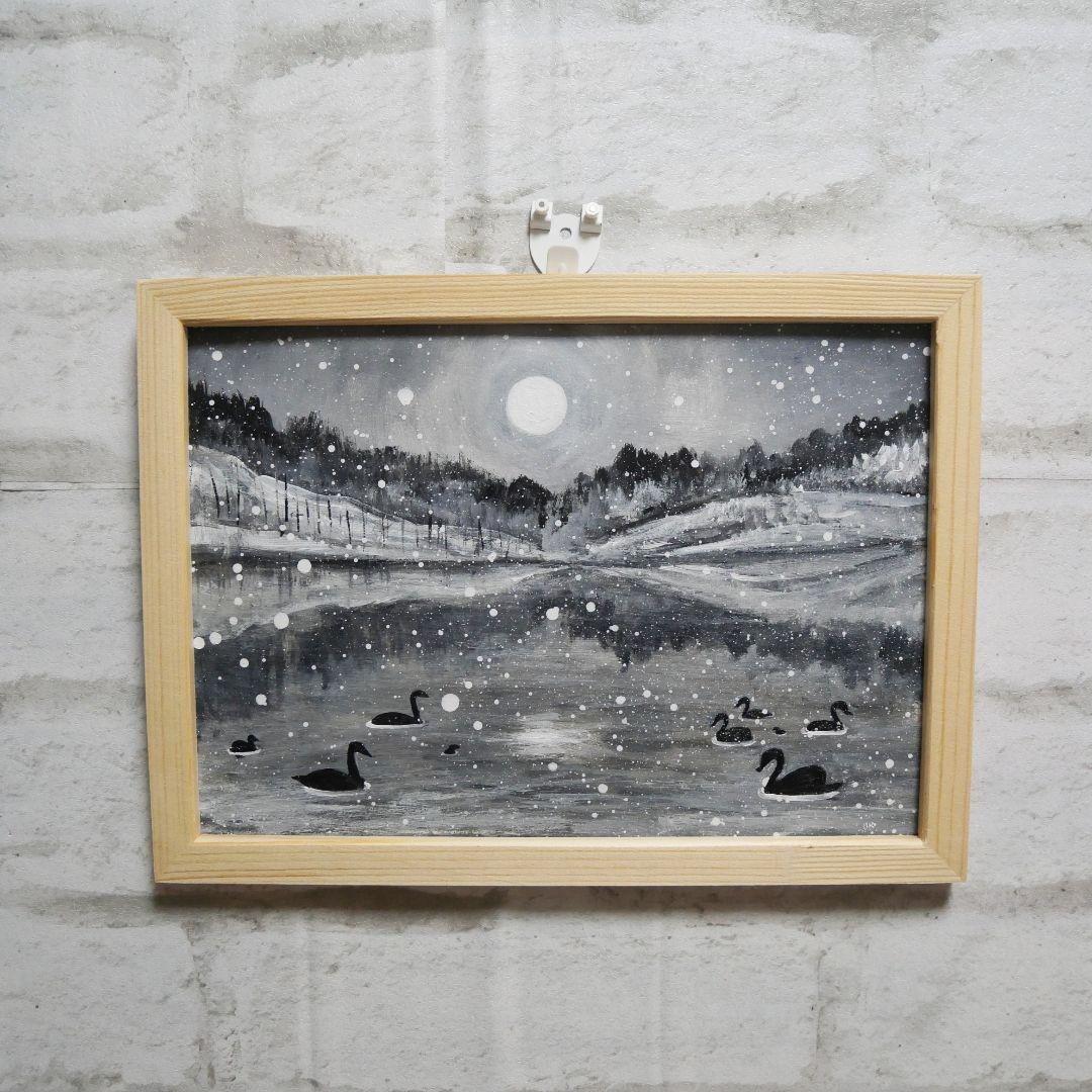 油絵 油彩 油彩画 絵 絵画 【白黒風景のハクチョウ池】