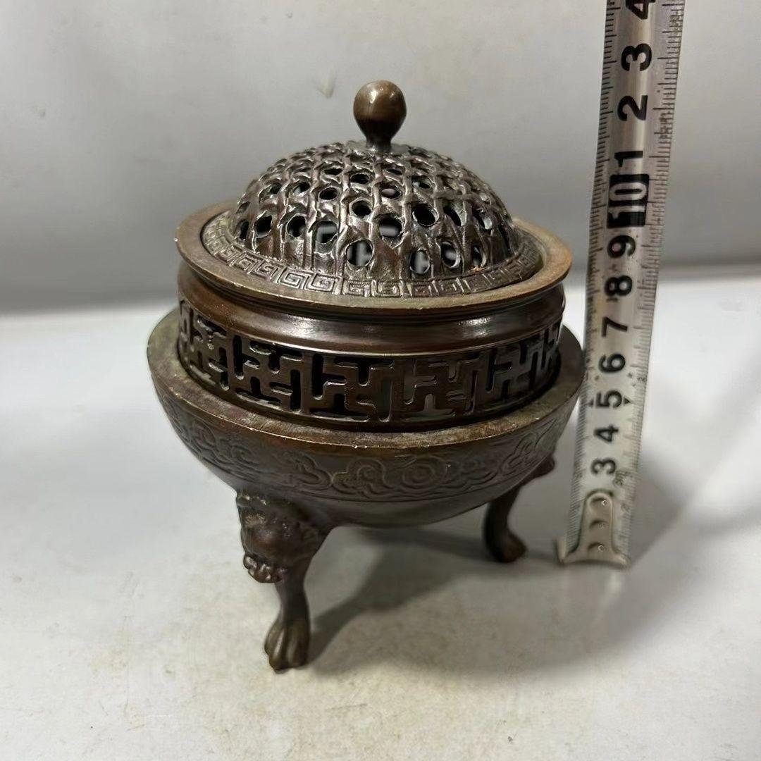 銅器 三層獅足祥雲紋薫香炉 茶道檀香炉 盤香炉 仏具 工芸品 置物