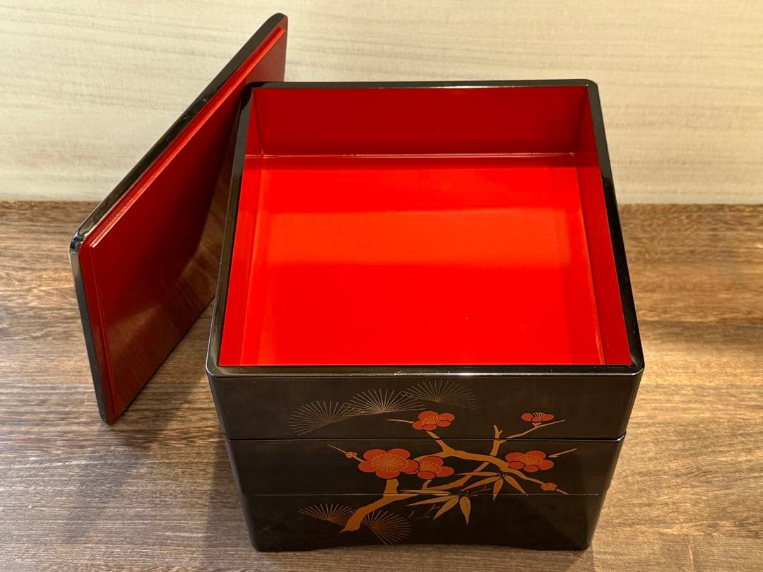 【未使用】会津塗 木製漆器 重箱 3段 松竹梅柄