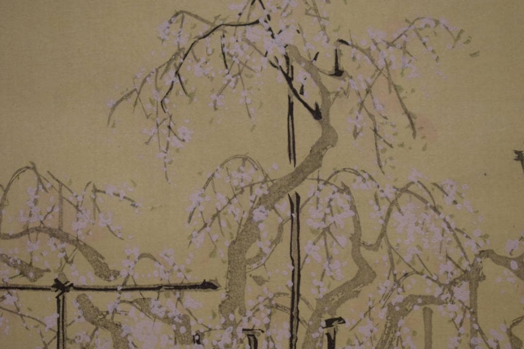 複製/松渓/塔/枝垂桜図/しだれ桜図/金泥/工芸/布袋屋掛軸HI-792