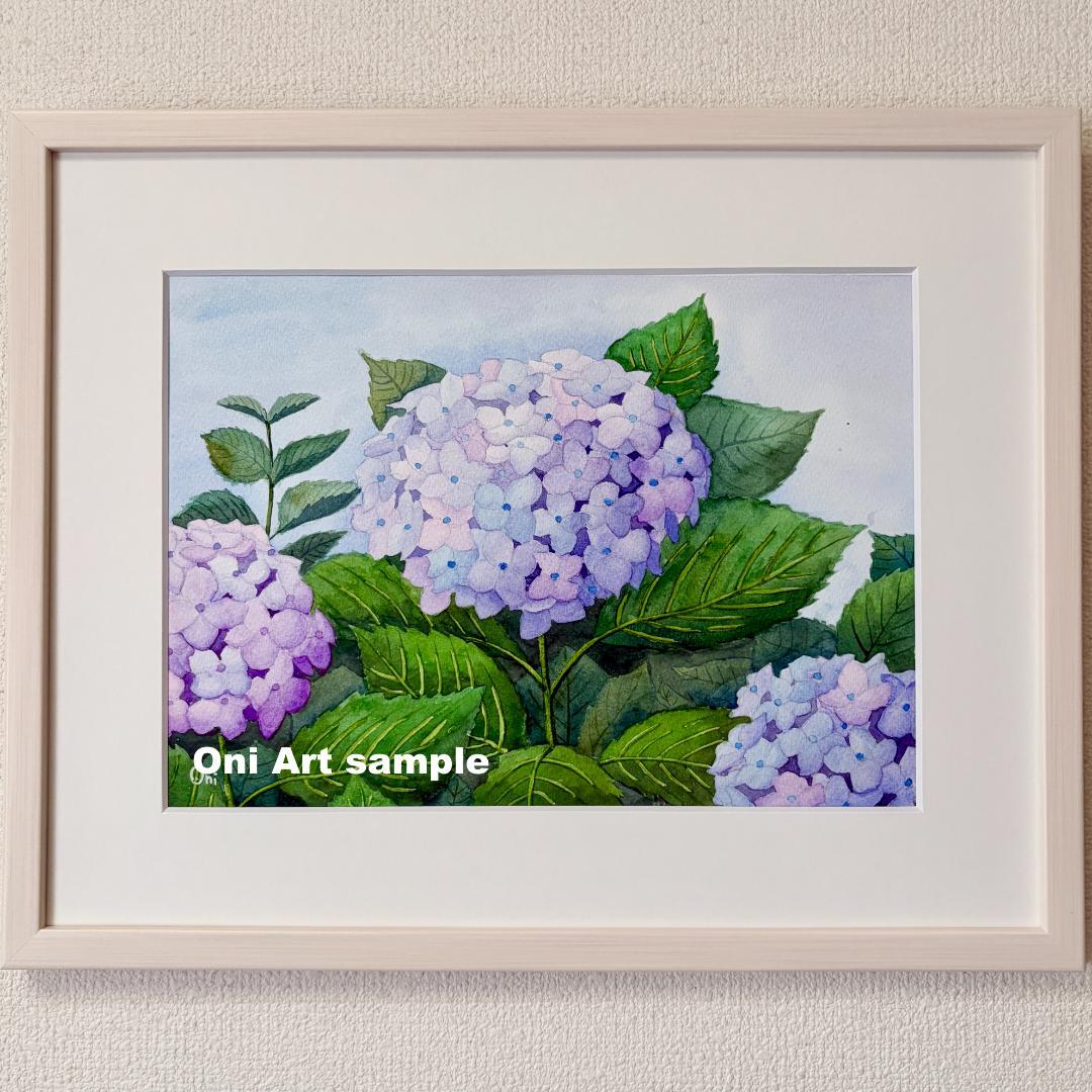 透明水彩画　原画　「薄紫のアジサイ」額縁付　４Fサイズ　風景画