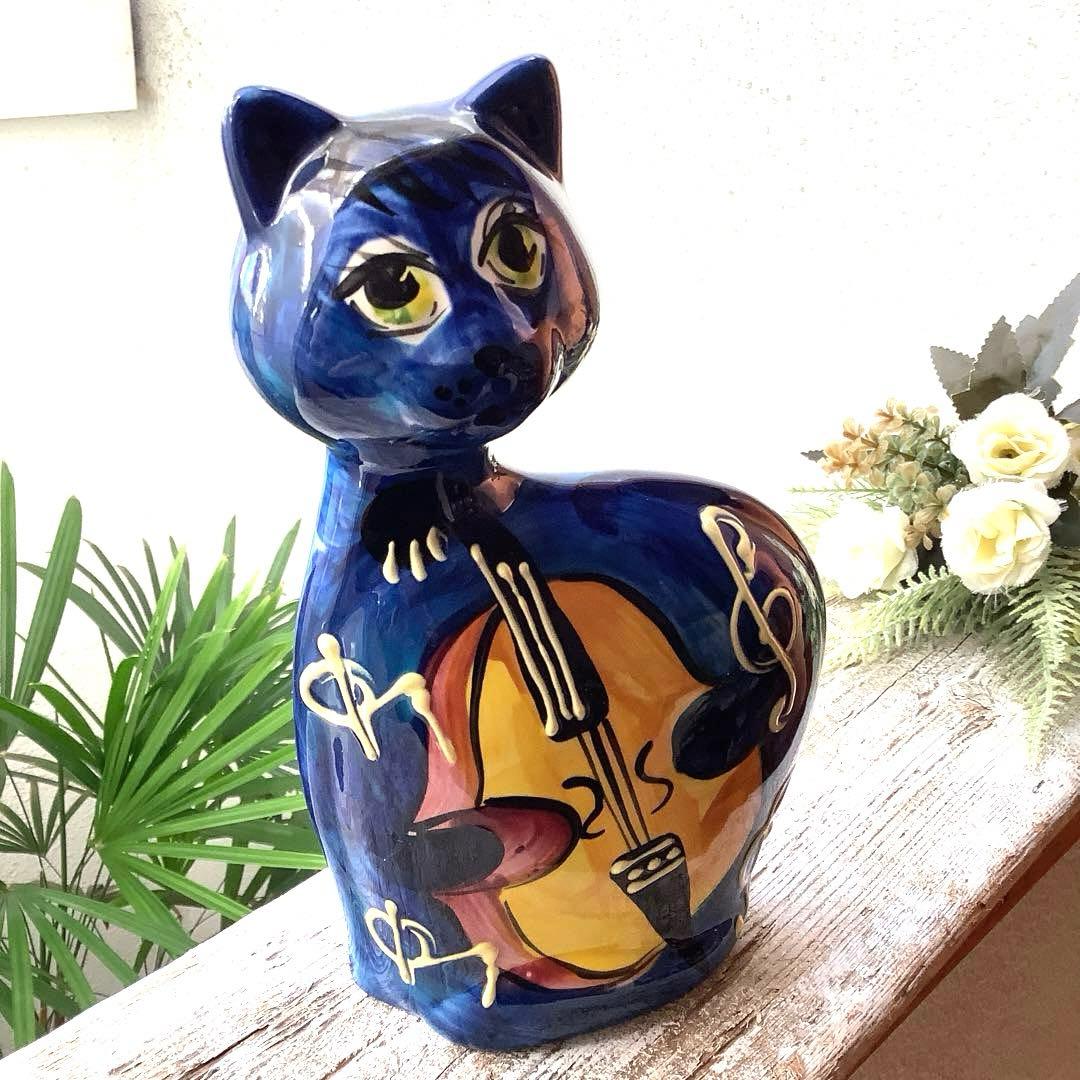 アナトリー・トウロフ作『楽器を奏でる猫』手描き陶器　オブジェ