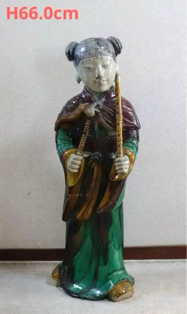 中国　清時代初期　三彩持笛少女像　アンティーク　送料込み0207