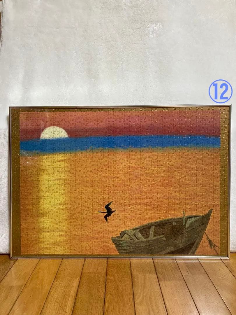 千P⑫夕日にボートと鳥　ジグソーパズル　金属額　長良川の鵜飼？夕暮れに飛ぶ鵜かね