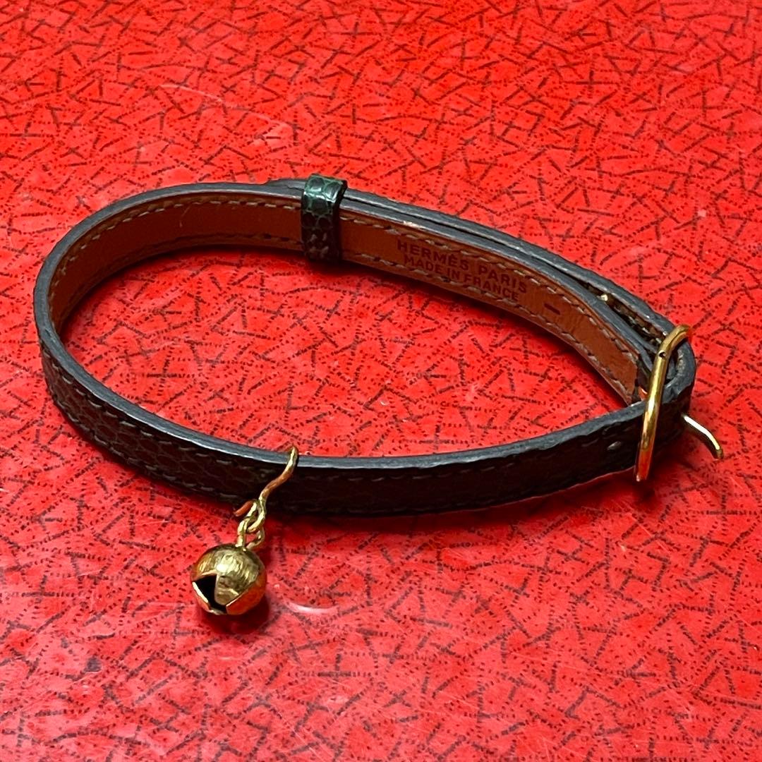 美品 エルメス 首輪 カラー 猫 ネコリザード レザー グリーン 鈴 ペット