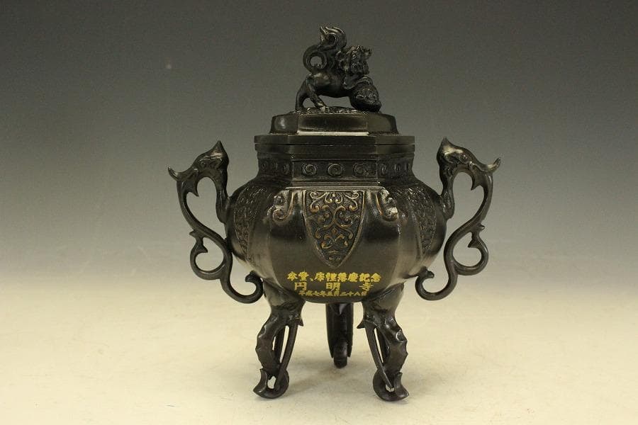 銅製 六角 象足 獅子蓋 香炉 未使用 共箱(LC790)