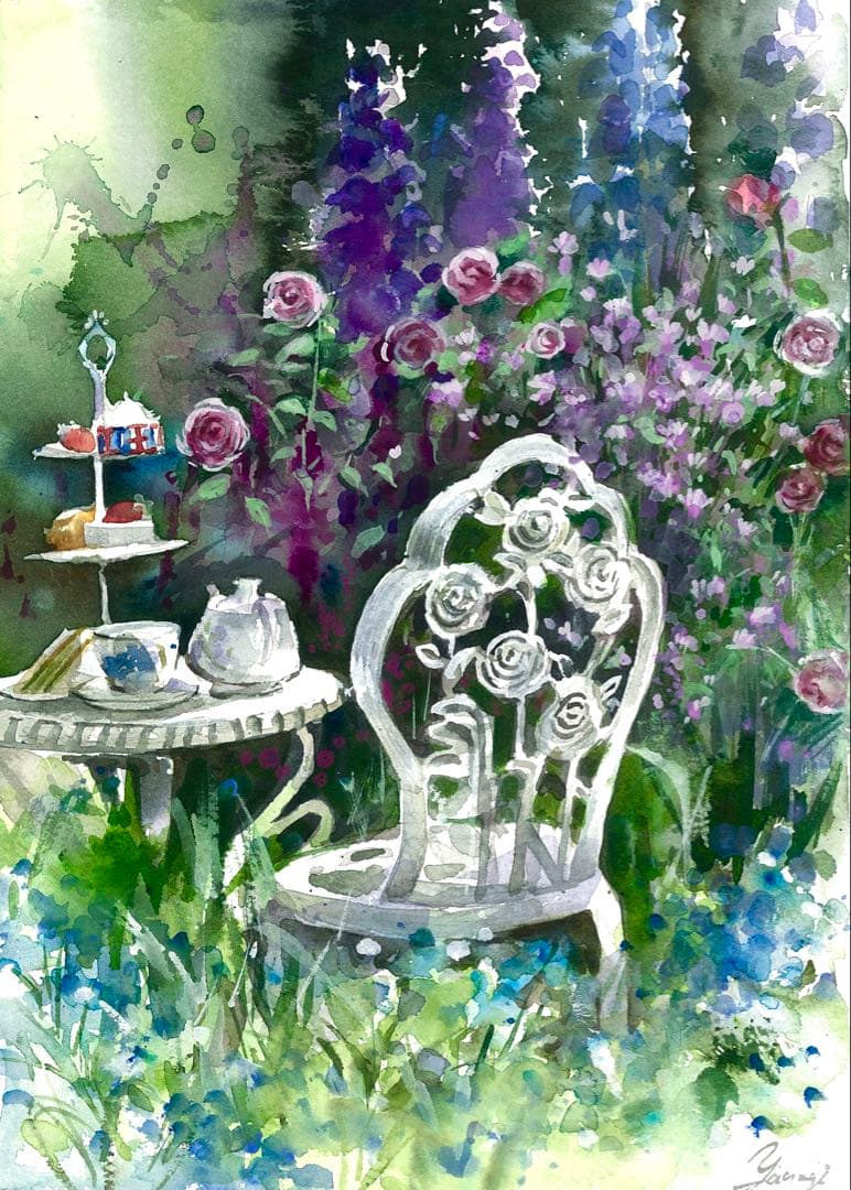 水彩画 原画 庭にて