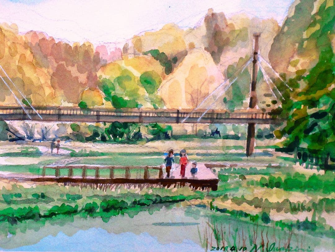 大和の公園水彩画 F6サイズ 額装済み