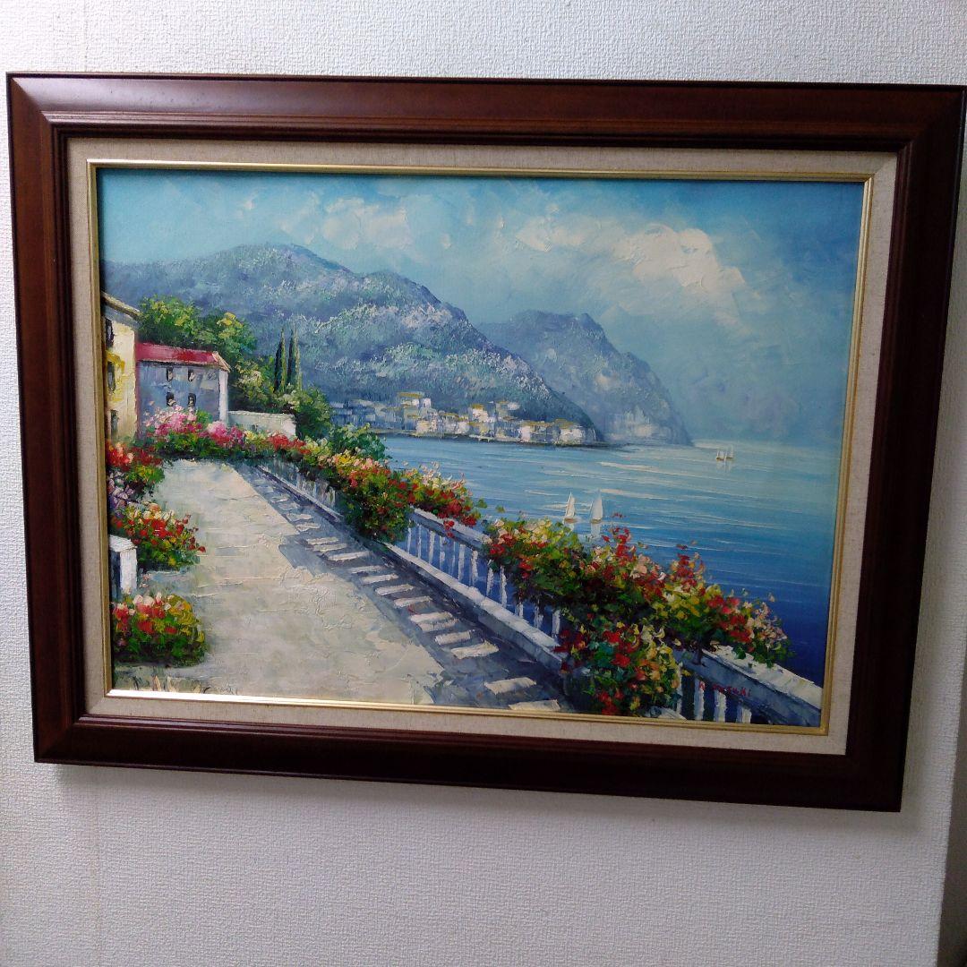 肉質油絵　横　特寸法　海岸の家　額装仕上げ品