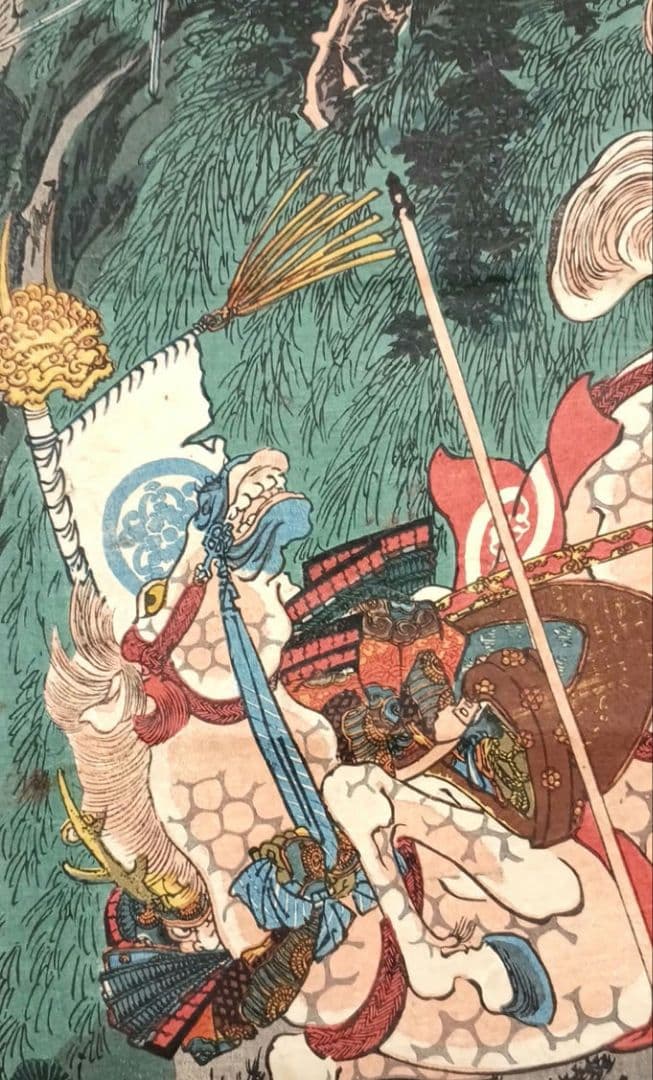 浮世絵版画、太平記合戦之図 三枚綴り歌川国芳画、弘化4年～嘉永5年出版