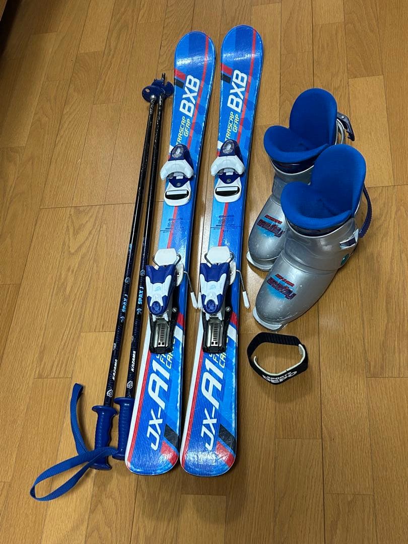 子供スキーセット(板、ビンディング、靴、ストック) ボーゲン補助、シューフィット