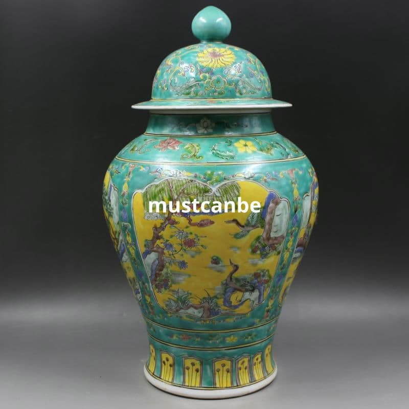 清康熙緑地粉彩人物松鶴将軍缶 景徳鎮 陶磁器 装飾品 現代工芸品 美術品 置物