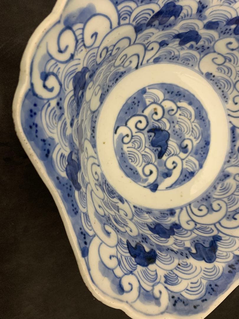 古伊万里　染付　波乗り千鳥　深鉢