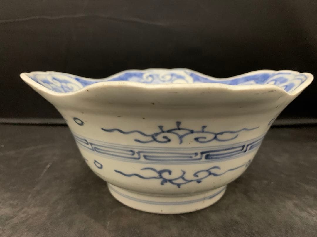 古伊万里　染付　波乗り千鳥　深鉢