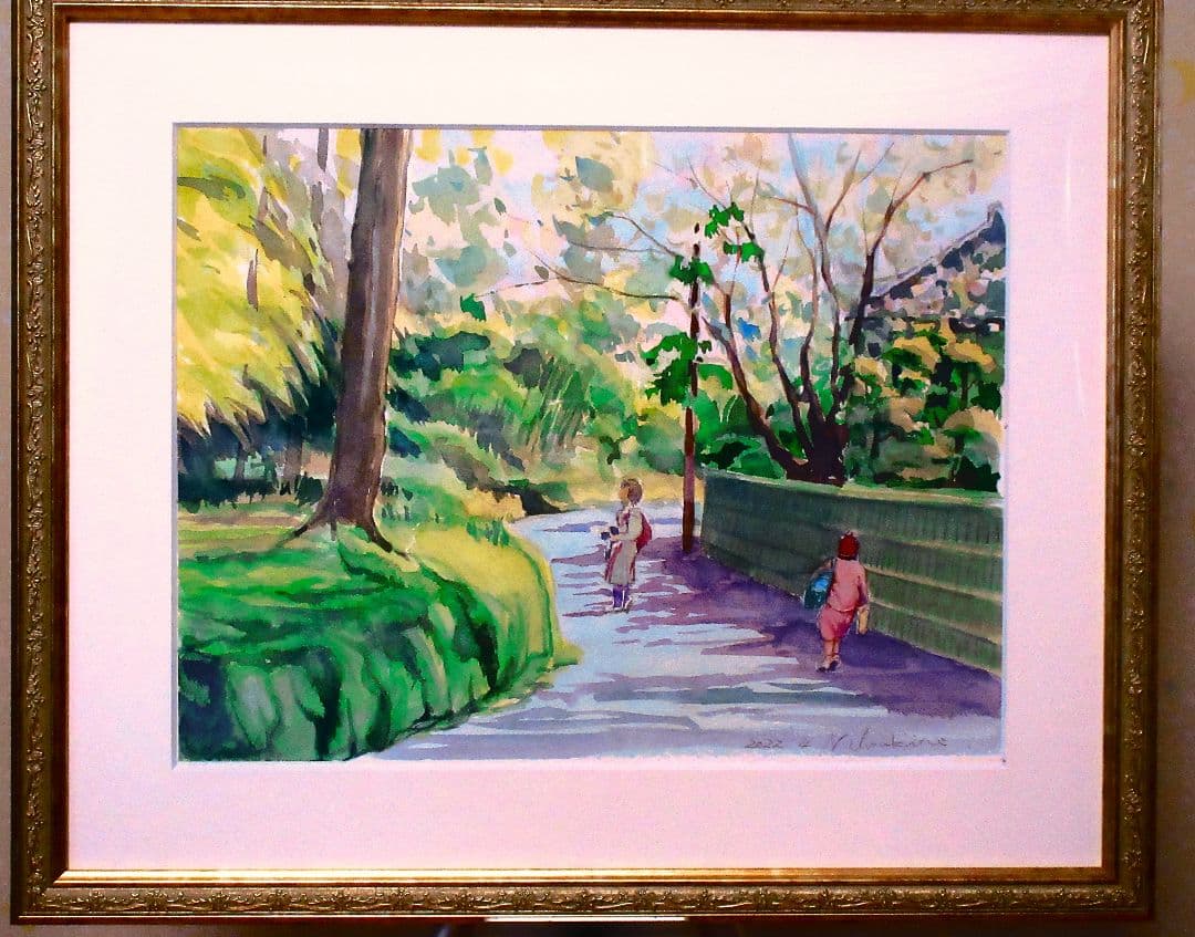 鎌倉散歩 水彩画 額装付き 原画 F6サイズ