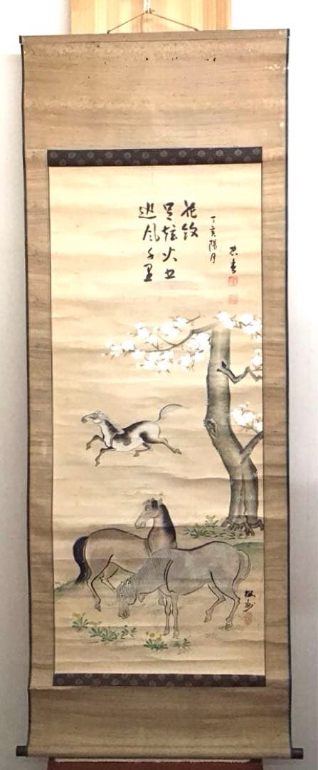 K茶道具　時代掛軸「桜馬図」　画:桜妙作　讃:忠香作　自作桐箱　S175KJ