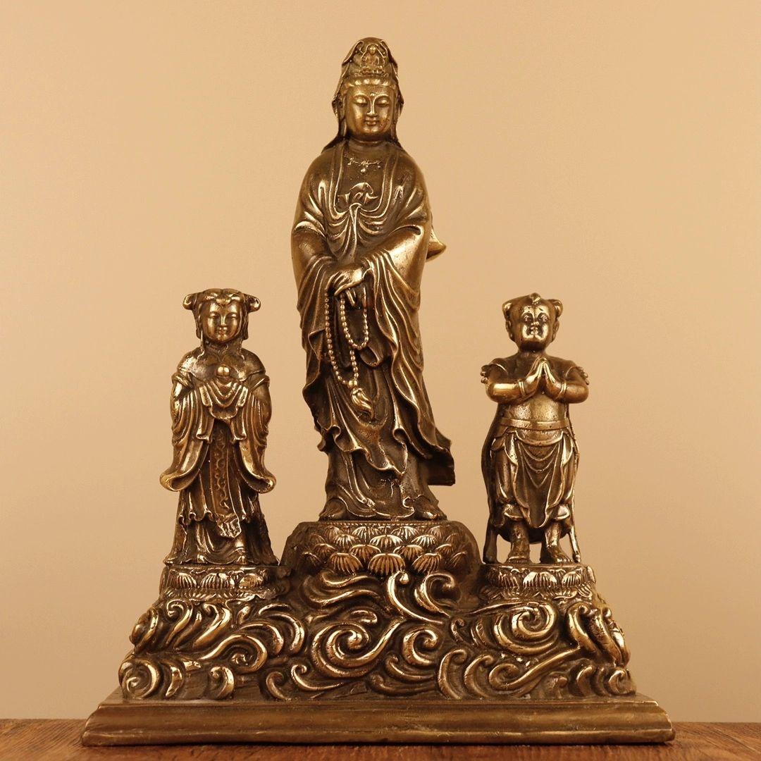 仏教美術 仏像 金童玉女観世音菩薩仏像 小仏像 銅製 銅器