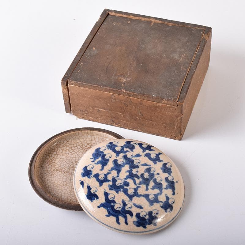 中国　大清康煕年製款　青花　唐子文　香合　時代箱付　G　R8252