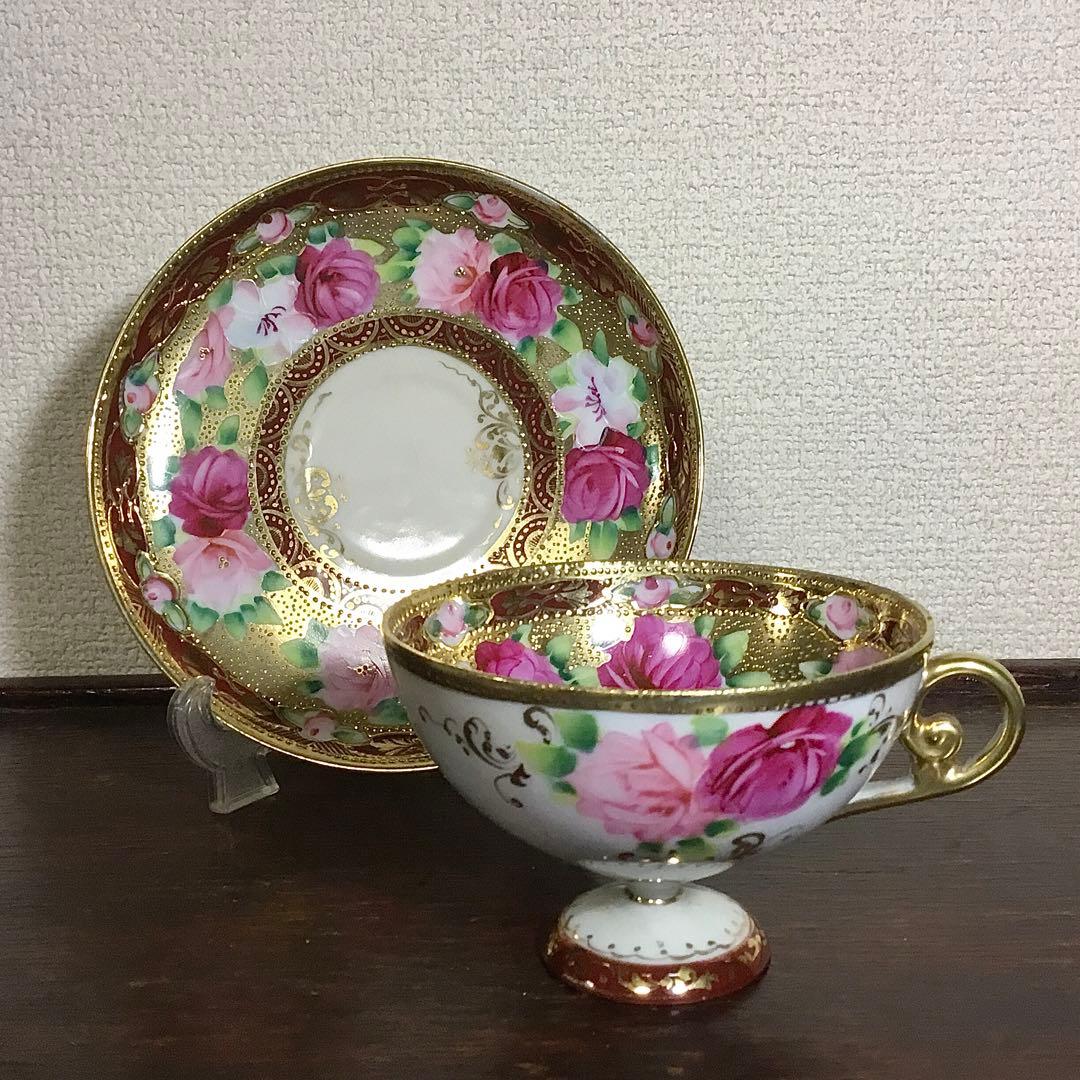オールド名陶◆ティーカップ ソーサー◆傷あり 金継ぎ用 金彩 薔薇 バラ 戦前