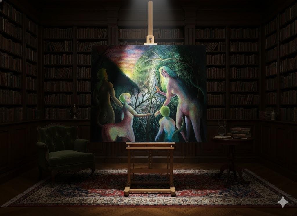 不思議の国 神話的な生物の油彩画 神話的な生物と人間が描かれた多彩な油彩画。