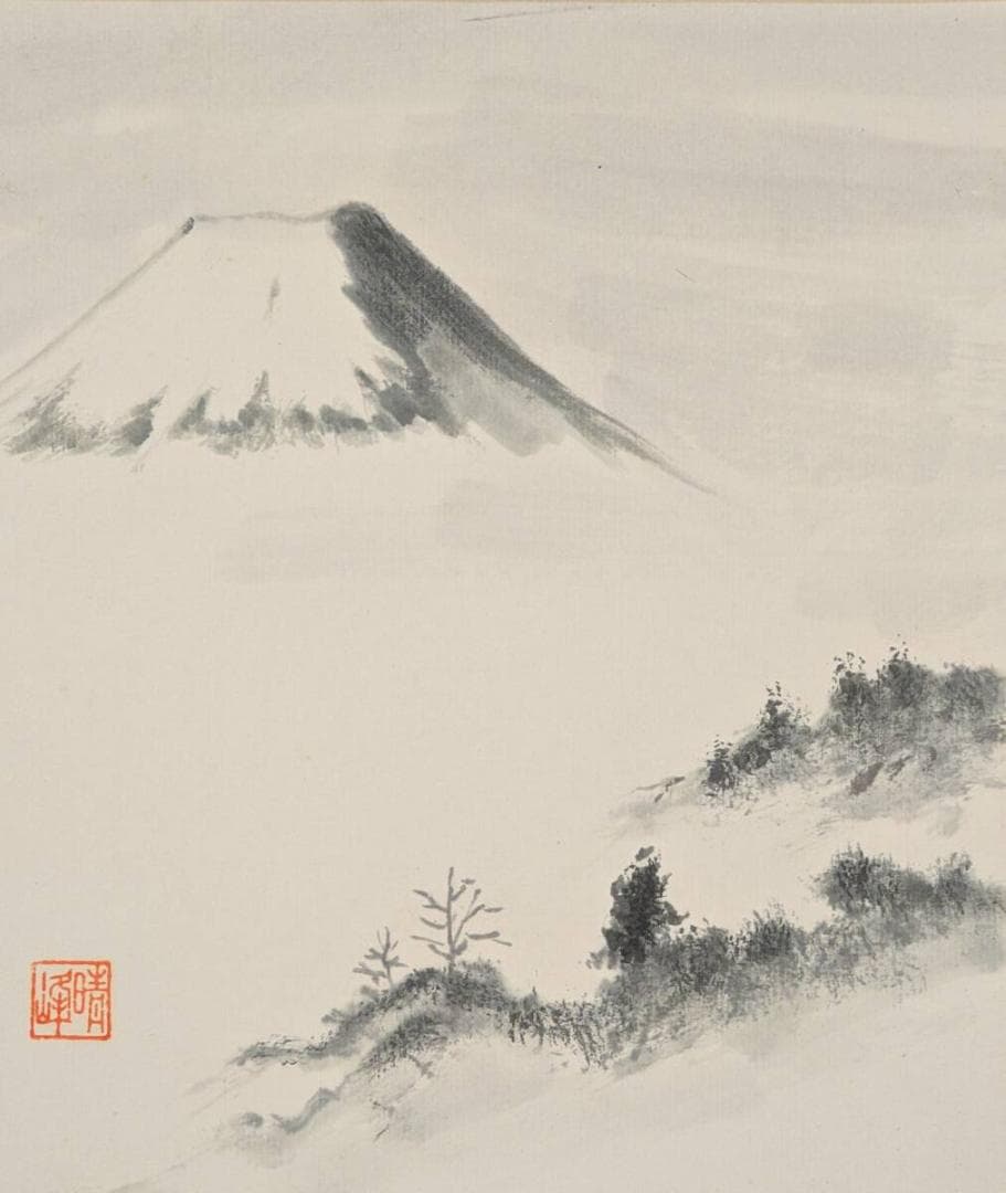 【真作】絵画　水墨画（色紙）　幽玄の富士　静寂と余白の美　気韻生動の一枚　Y4
