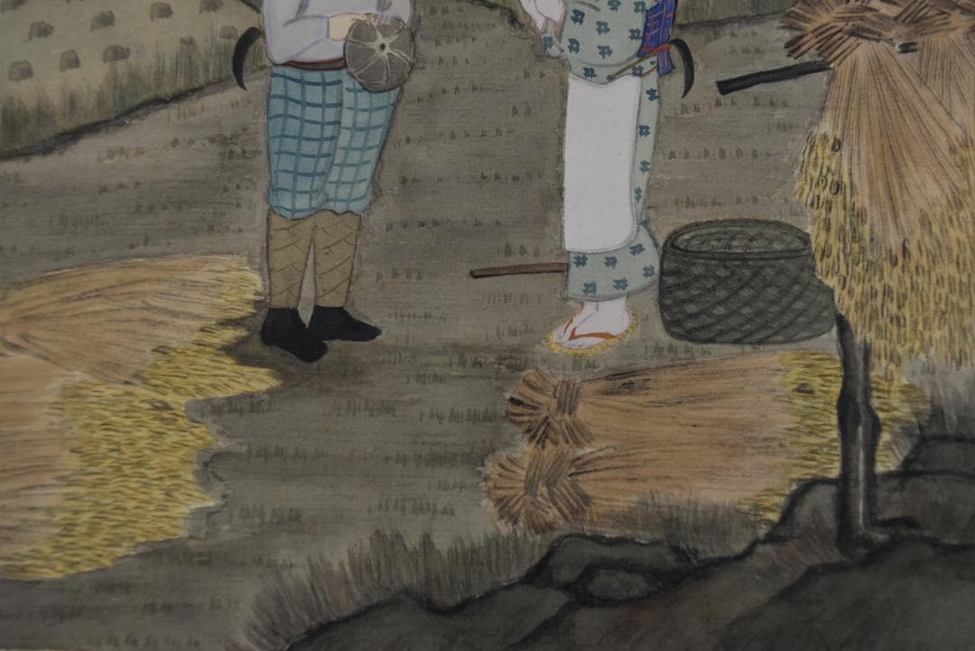 作者不詳/美江？/農村風景図/田家人物図/掛軸☆宝船☆Z-736