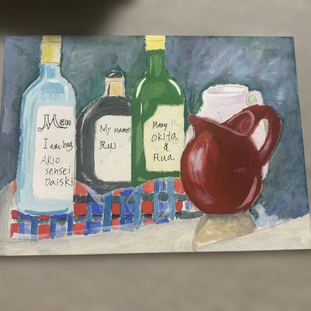 静物画 油彩画 ボトルとポット