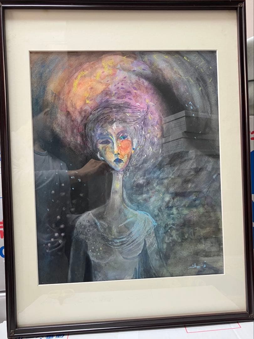 ソフトパステル水彩画 女性の肖像 多色使いアートインテリア