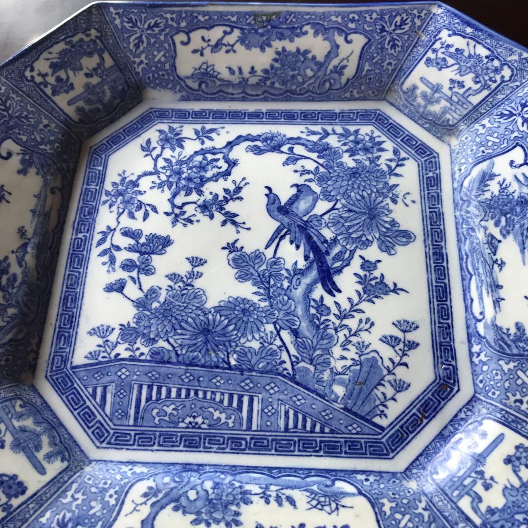 美品　陶器　年代物　盛り皿　角皿　八角絵皿　丁寧に描かれた雷鳥や菊の絵柄が素敵な