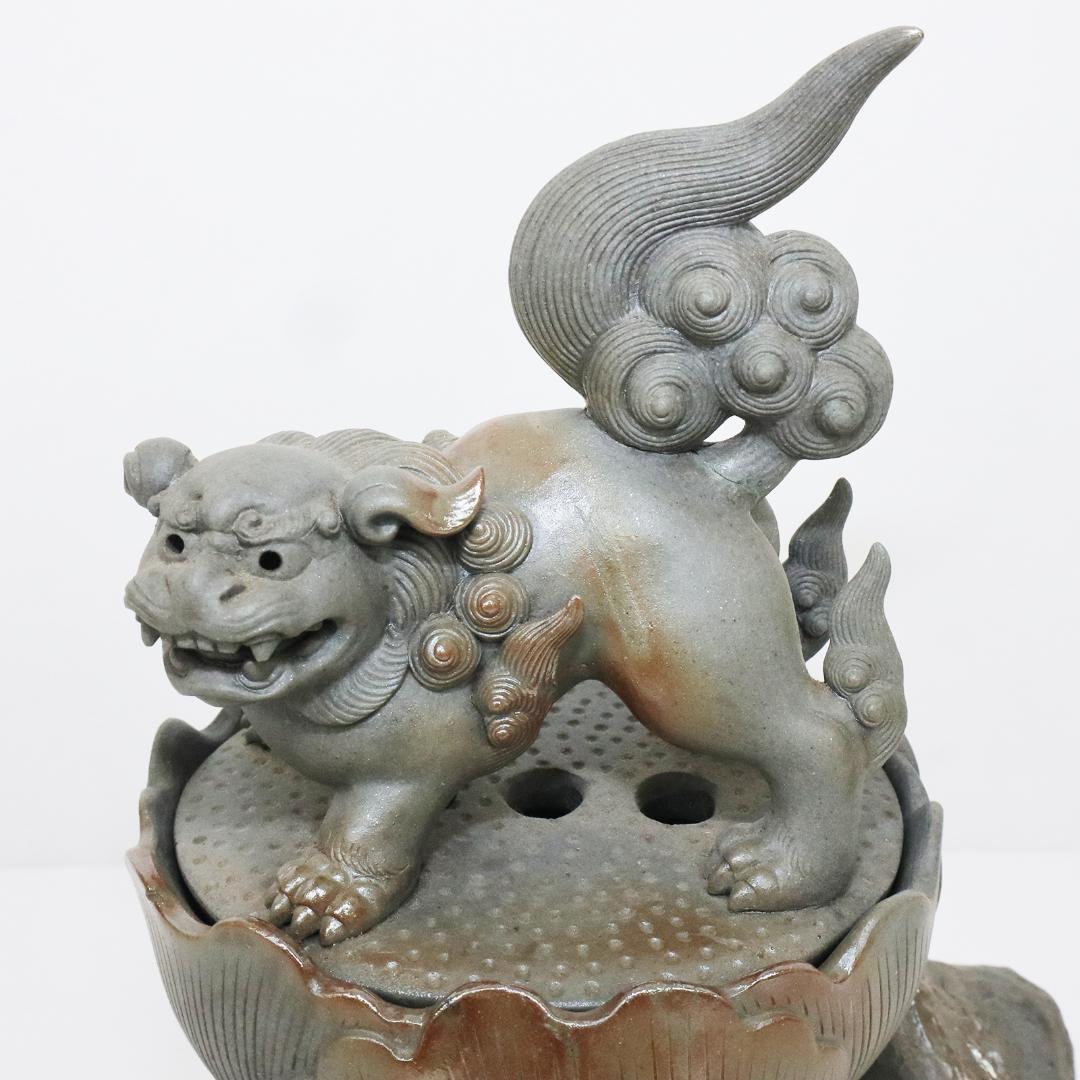 青備前 獅子牡丹香炉 備前焼三名工 西村春湖 作 伊部 備前
