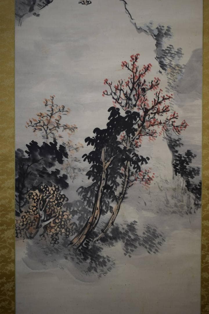真作/小室翠雲/秋景山水人物画賛/草月の桐極箱付/布袋屋掛軸HG-881