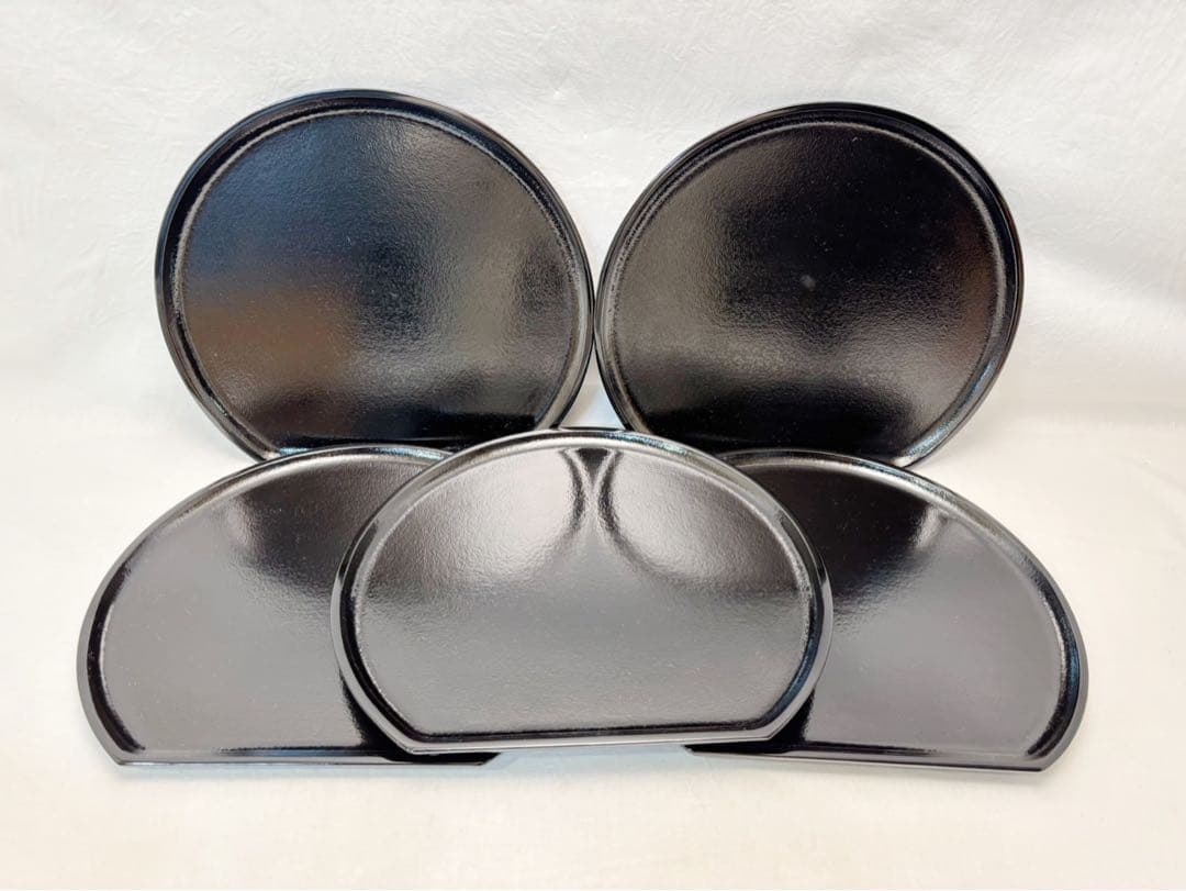 未使用 懐石道具 天然木製 点心盆 半月膳 黒塗 会席膳 5客揃 銘々盆栞 共箱