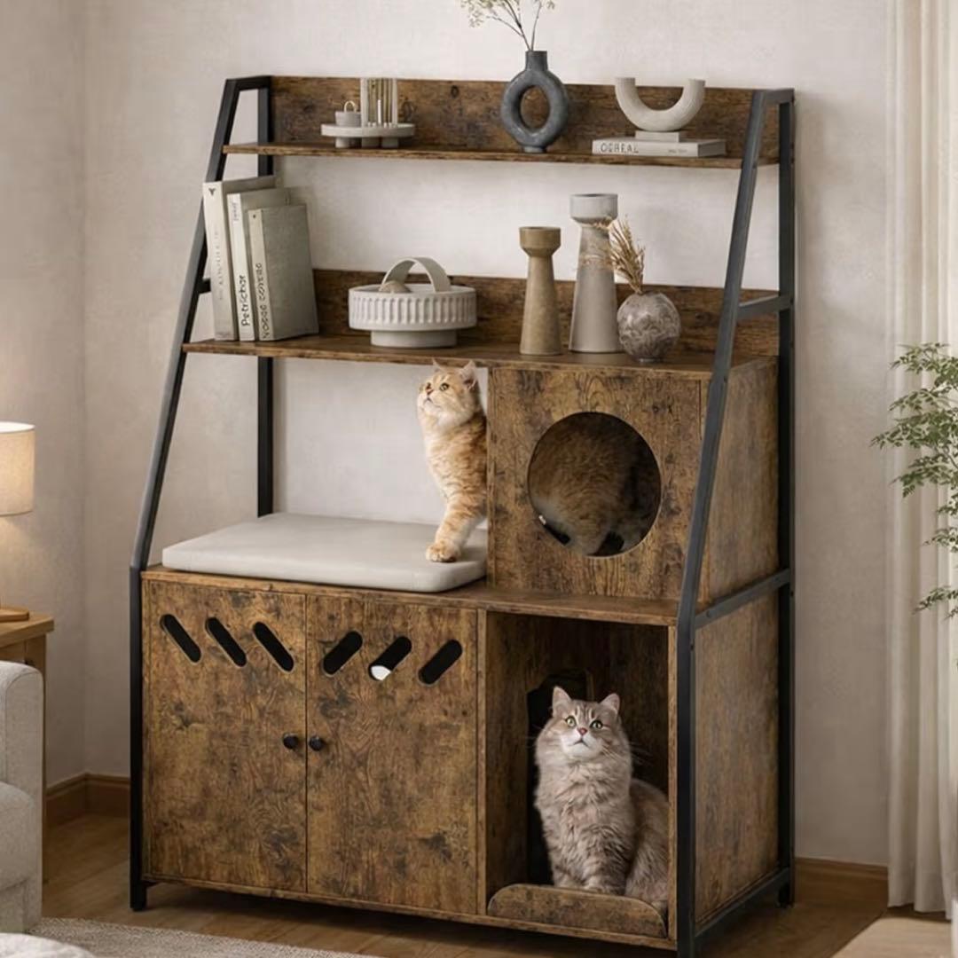 猫用キャビネット 収納 大型 猫 家具 ペットハウス 飛散防止 木製 木目調