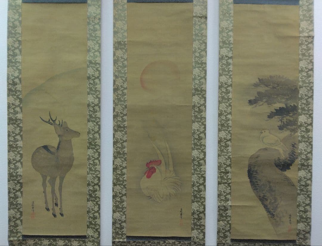 東 東洋【仙台四大画家】花鳥図　三幅　絹本　掛軸（小池曲江・菅井梅関・菊田伊洲）