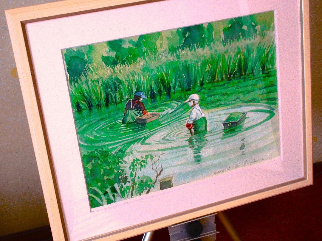 池の清掃 水彩画 F6サイズ 額装済み