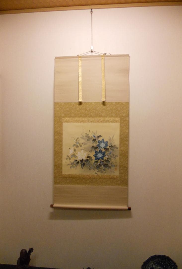 掛け軸 舟越長嘉 『 鉄線花 』 中島清堂 識箱 絹本 希少 茶道具 掛軸 美品