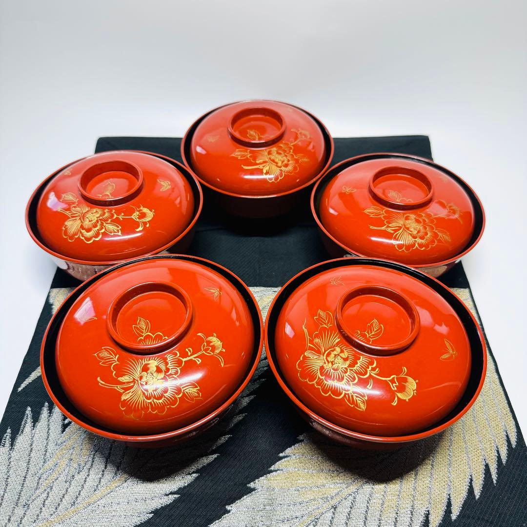 漆器　輪島塗　木製　彫り牡丹文　蒔絵　蓋付椀　汁椀　5客　時代物