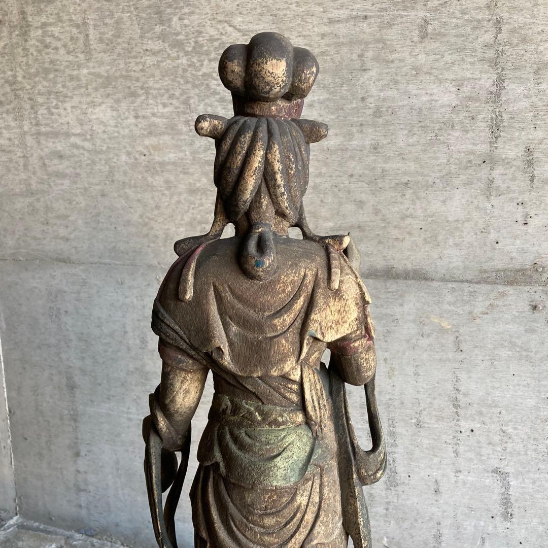 古い仏像 観音菩薩 立像 木製 木彫り 彫刻 置物 古美術 骨董品 レトロ
