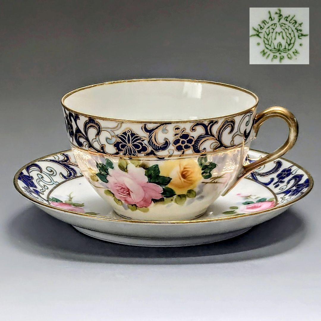 オールドノリタケ銘品!! 　金彩藍帯薔薇図紋　キャビネットカップ＆ソーサー
